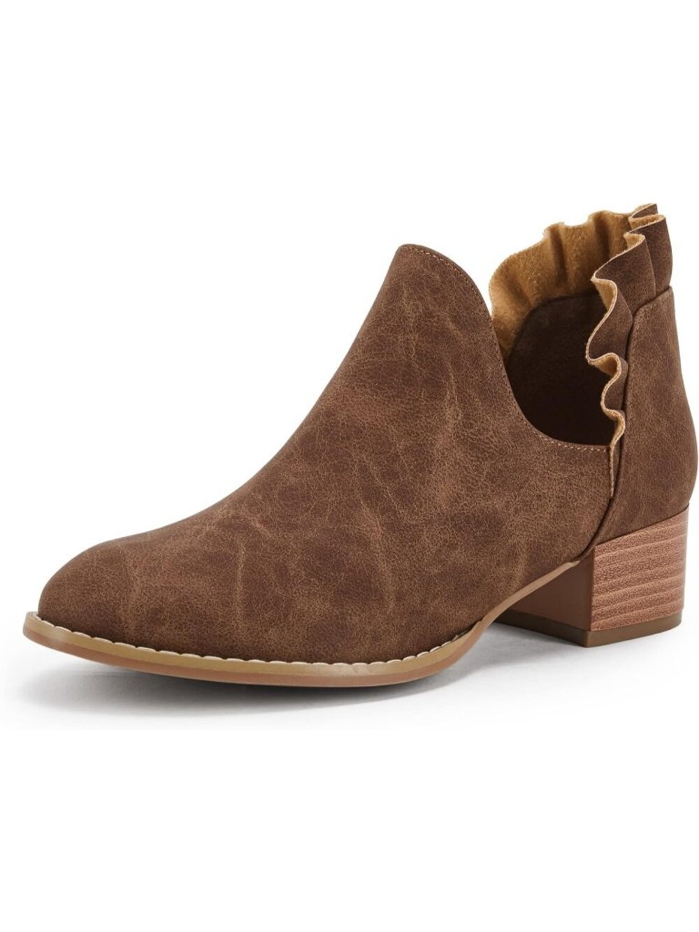 Women's Coffee Ruffled Ankle Boots V Cut Pointed Toe Low Heel Western Booties